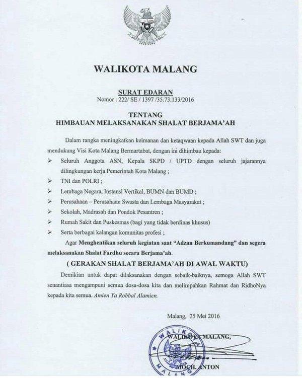 Surat Edaran Walikota Malang Himbauan Melaksanakan Shalat